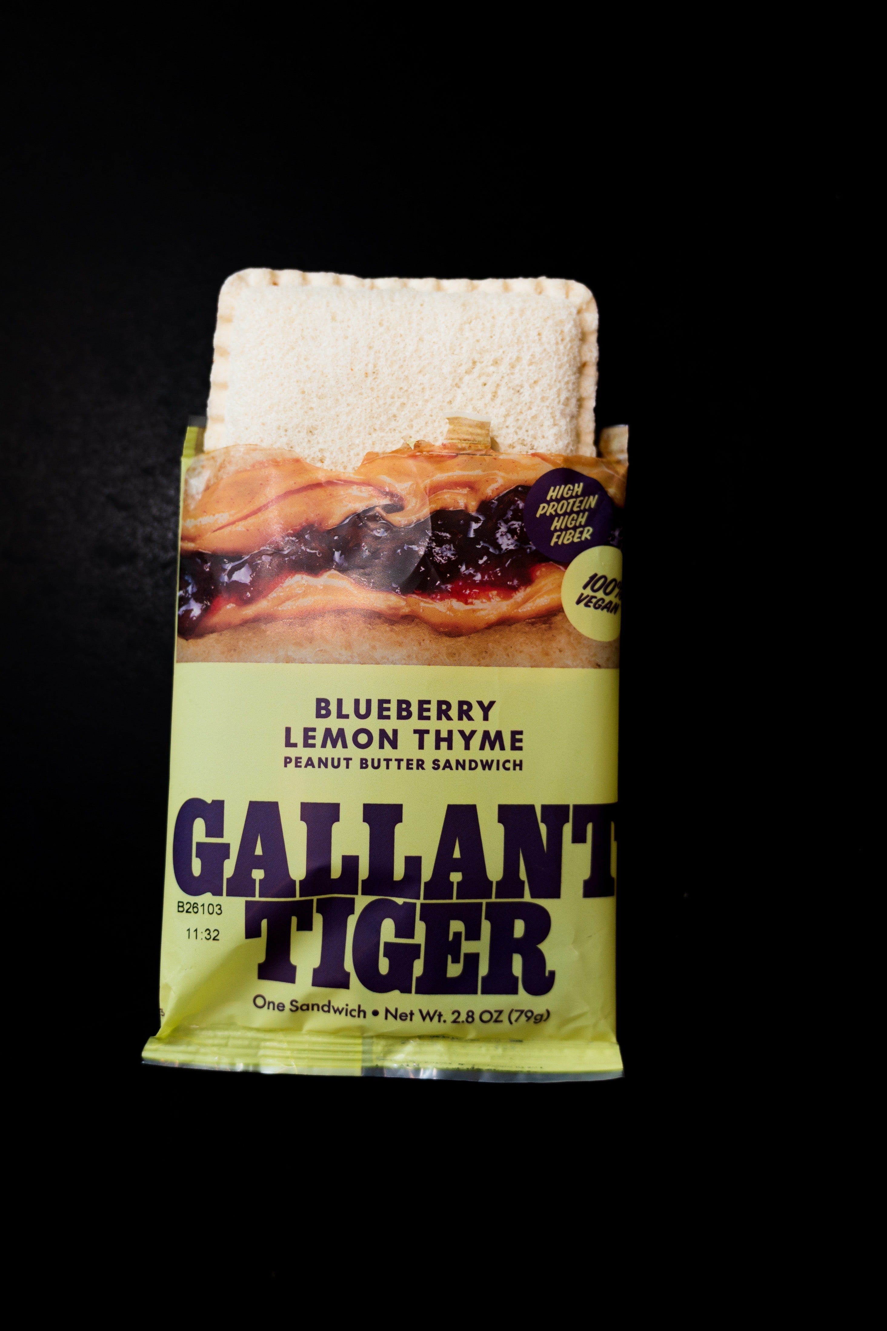 Gallant Tiger Blueberry Lemon Thyme sandwich in opened wrapper (card crop)