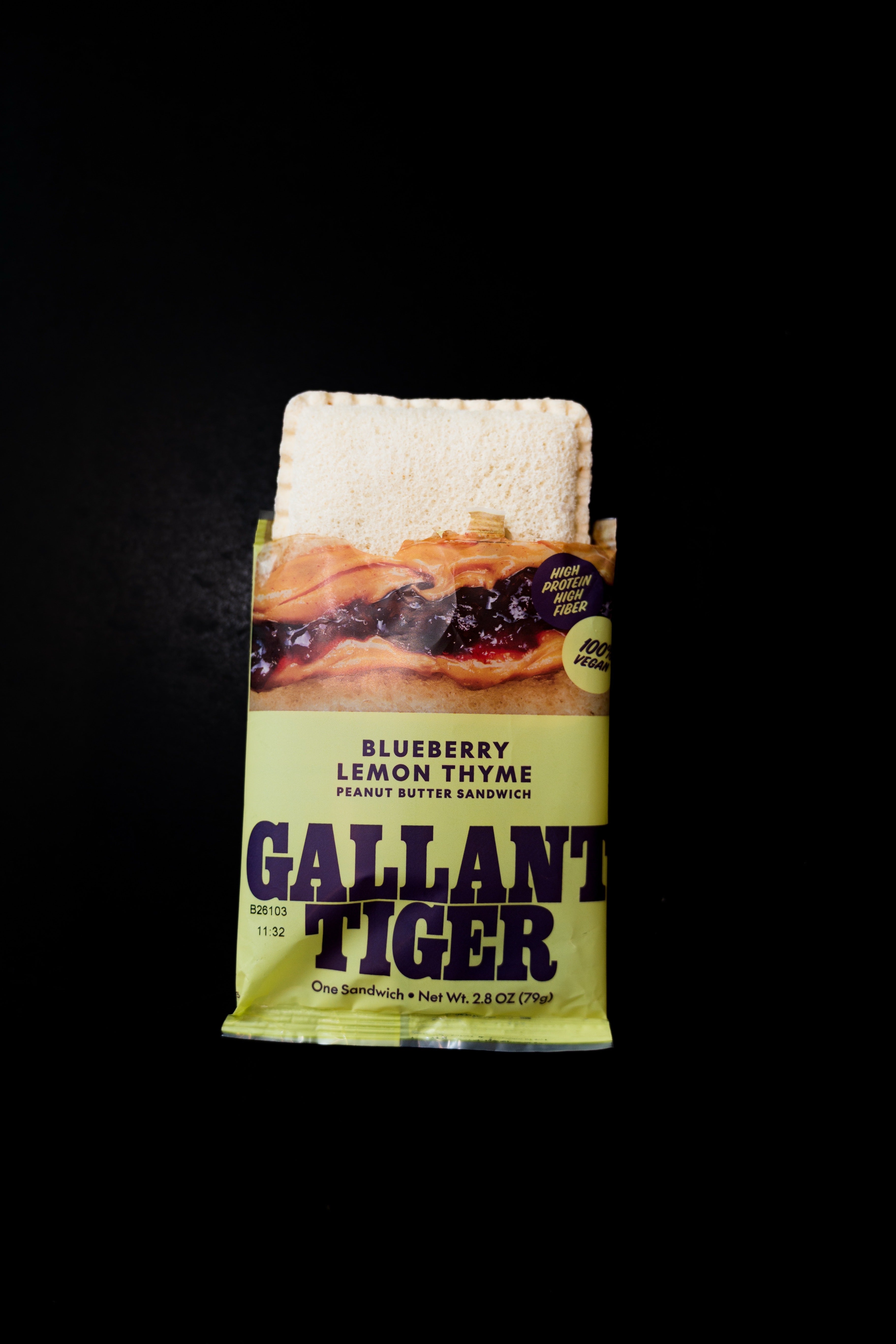 Gallant Tiger Blueberry Lemon Thyme peanut butter sandwich in opened wrapper