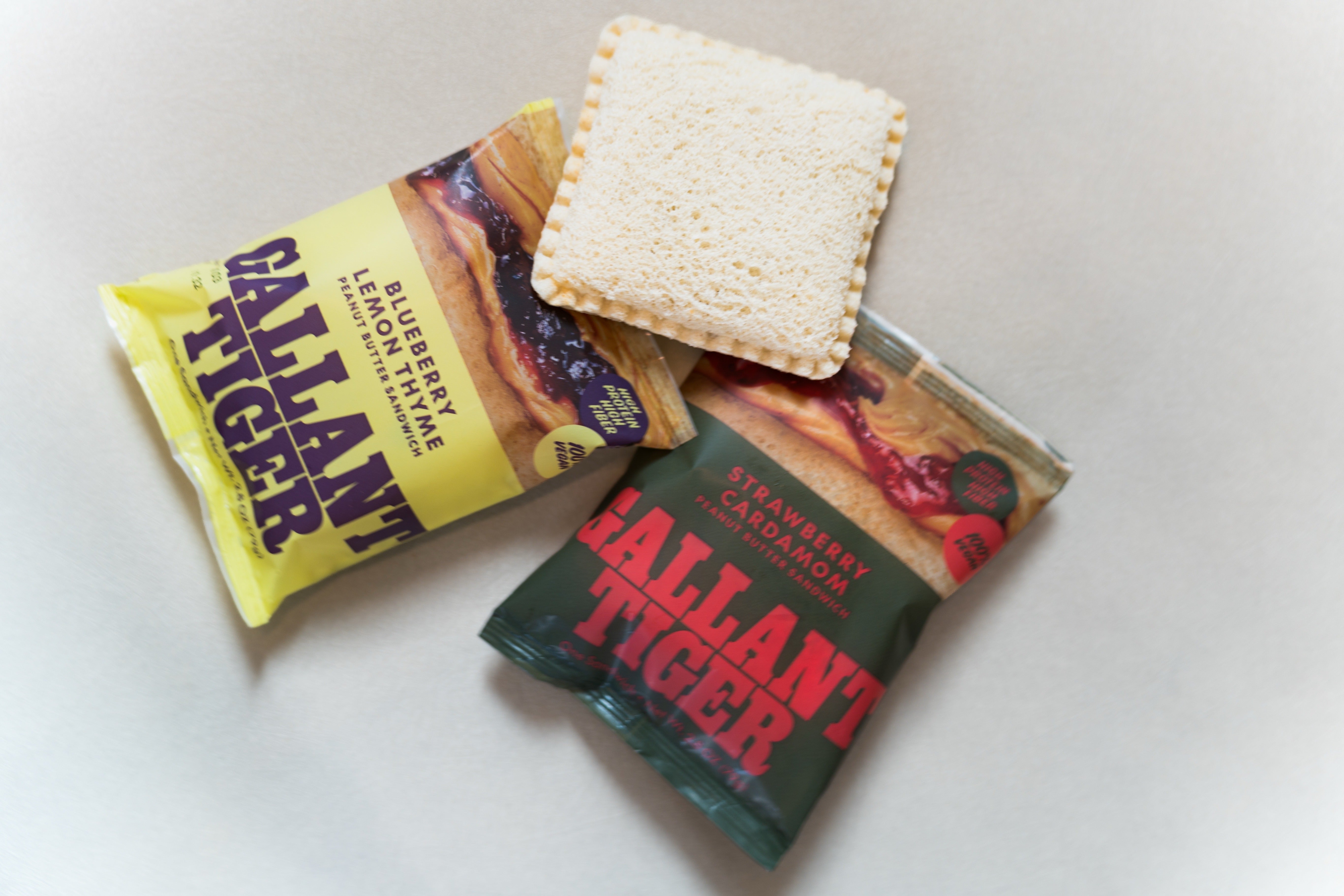 Gallant Tiger sandwich with Strawberry Cardamom and Blueberry Lemon Thyme wrappers