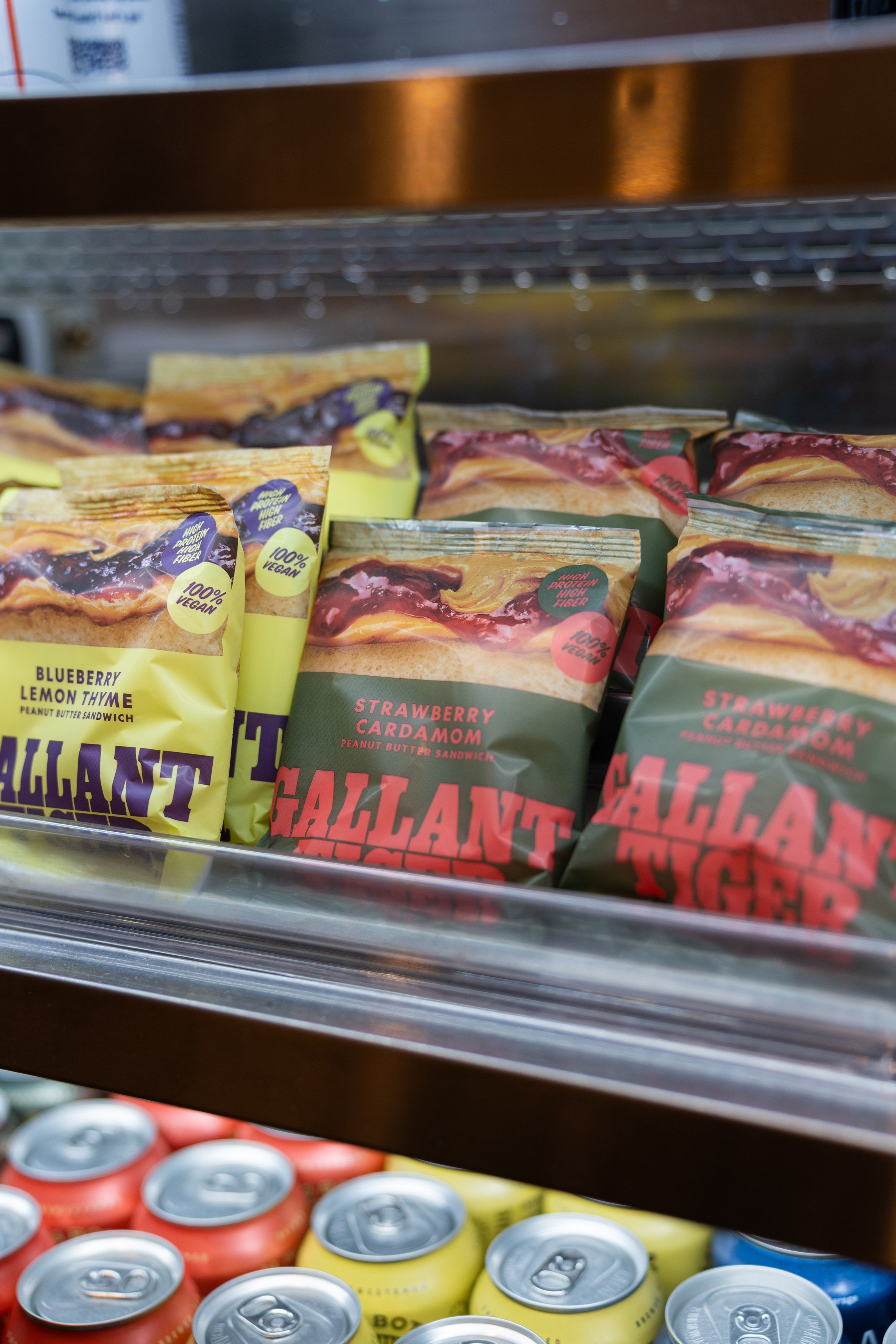 Gallant Tiger sandwiches on a retail cooler shelf