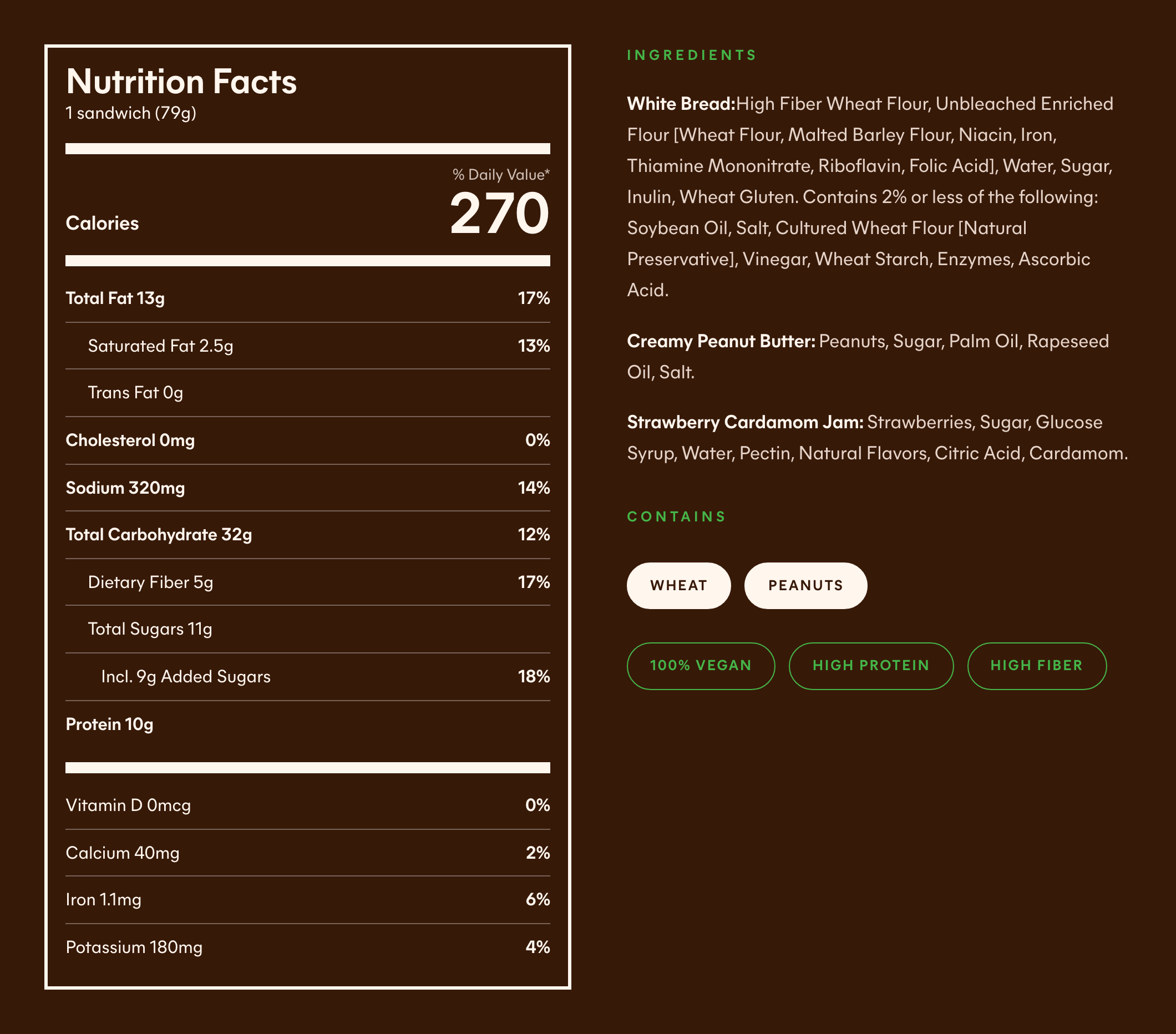 Nutrition facts and ingredients — Strawberry Cardamom peanut butter sandwich